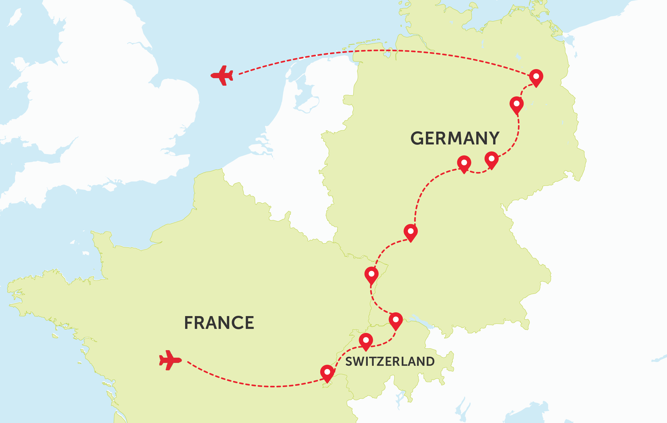 Map of Germany, Switzerland, and France