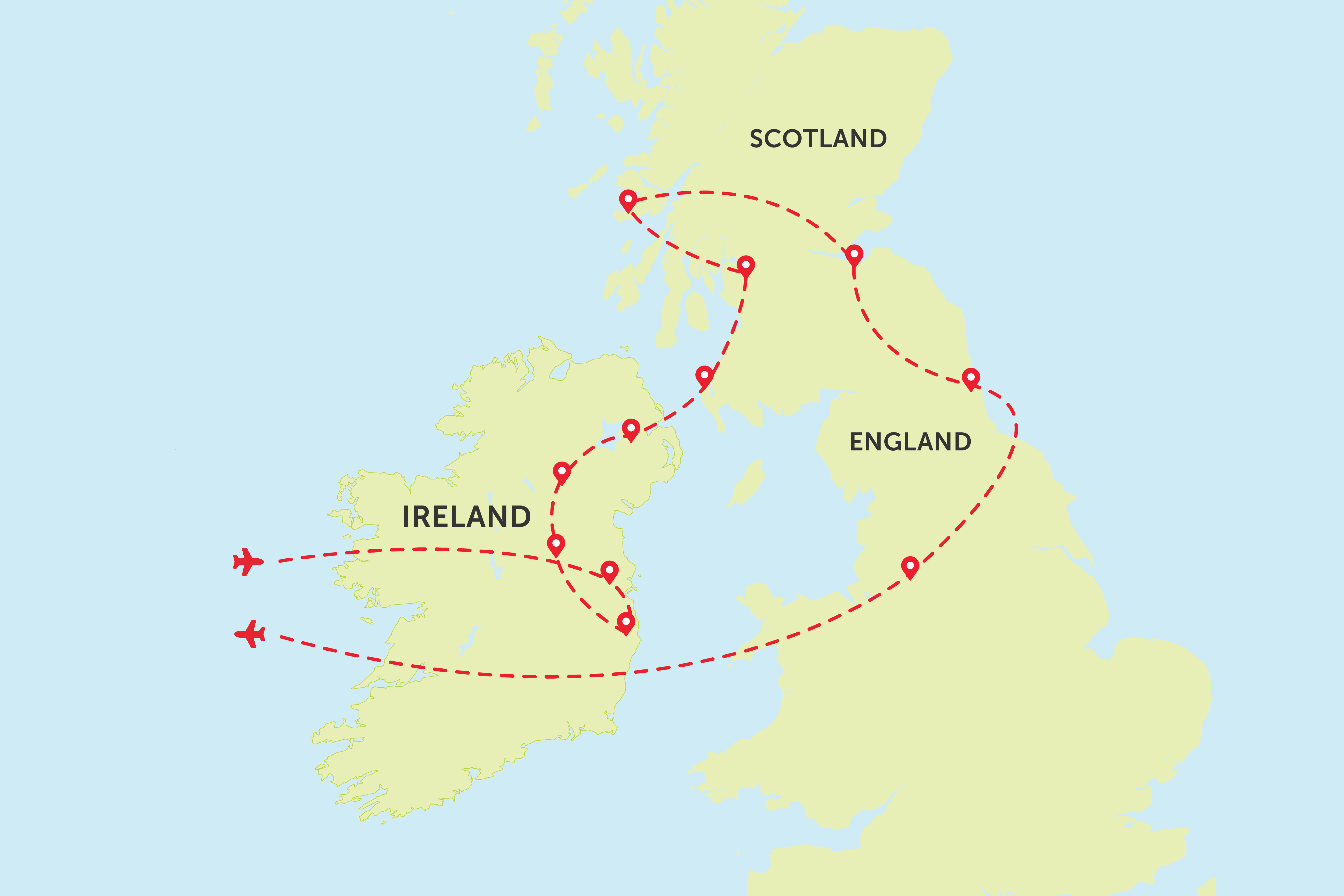 Map detailing tour across Ireland, Scotland, and England