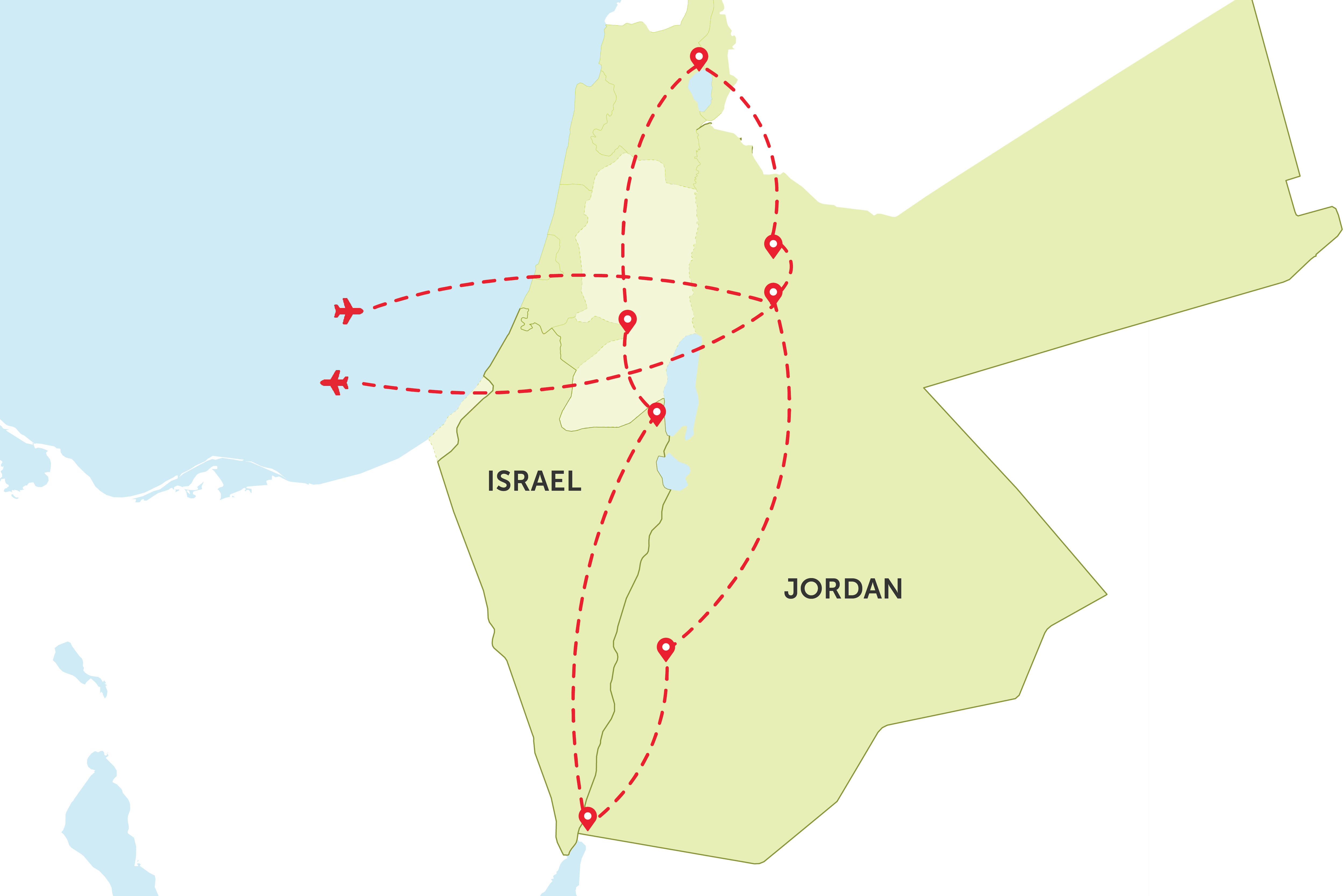 Map of Israel and Jordan tour locations