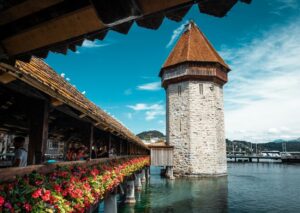 The oldest wooden covered bridge in Europe, the "Kapellbrücke" or Chapel Bridge
