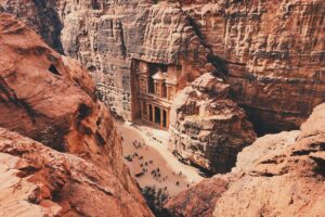 Looking down at the entrance to the famous archeological site of Petra