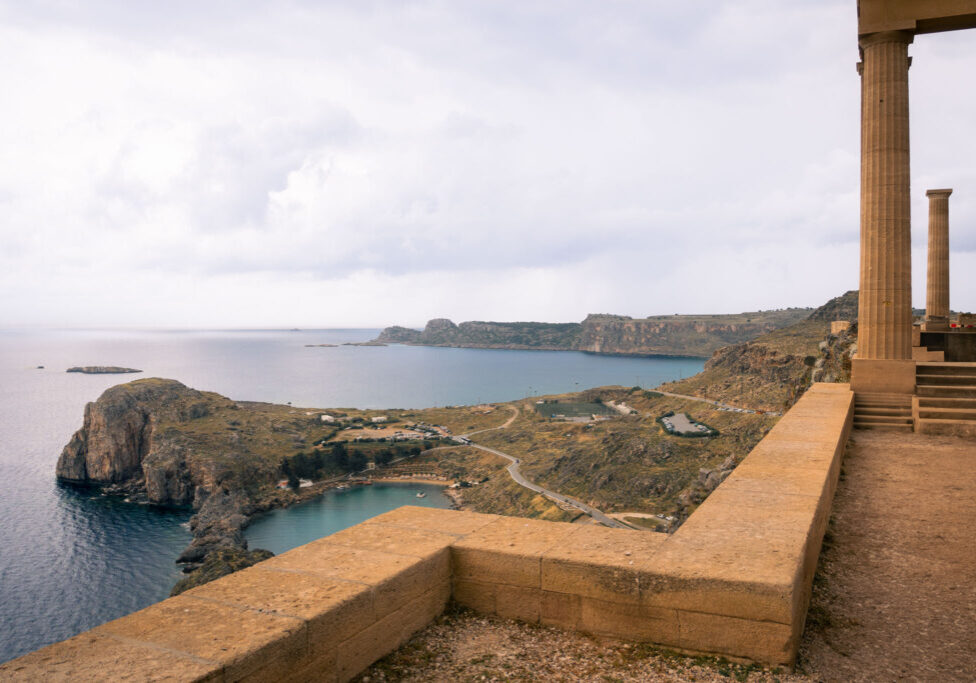 View from atop the Acropolis of Lindos, overlooking the Aegean Sea from Rhodes