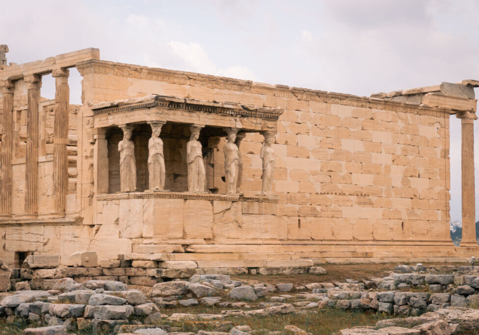 The Six replica Caryatids, located on the Erechtheion across from the Parthenon atop the Acropolis in Athens