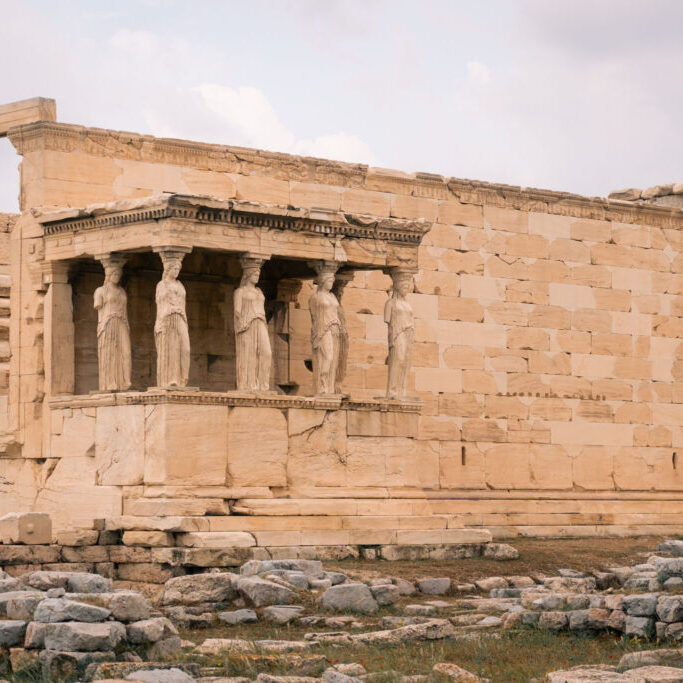 The Six replica Caryatids, located on the Erechtheion across from the Parthenon atop the Acropolis in Athens